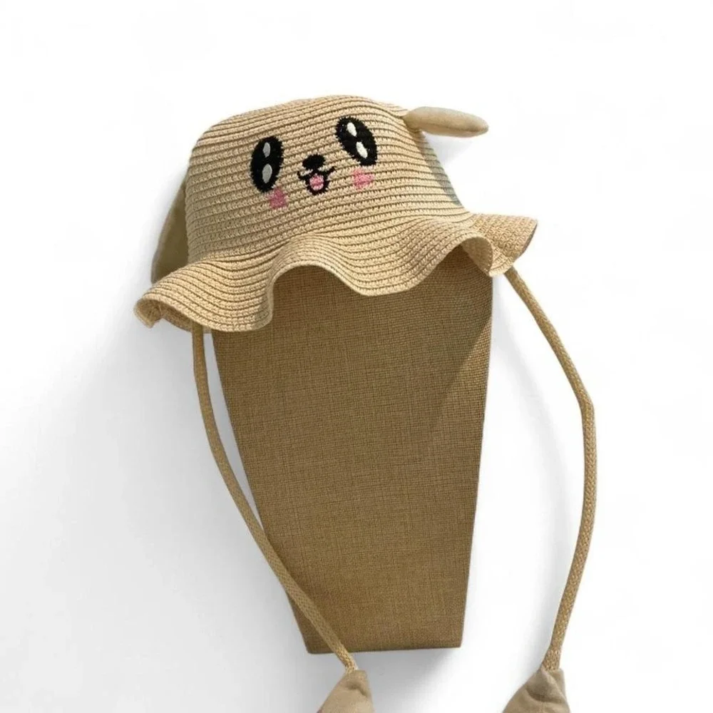 Unbranded Puppy Sun Hat Kids‎ One Size Tan New Woven Straw 3D Ears Wavy Brim